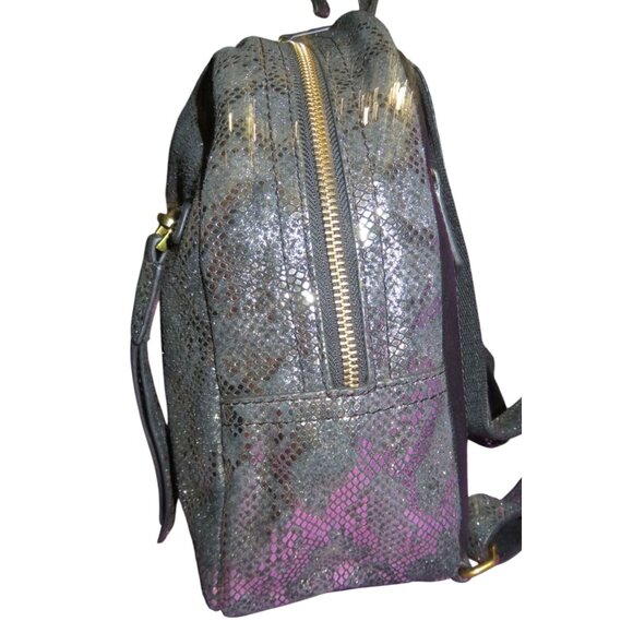 FOSSIL Megan Silver & Black Metallic Python Embossed Leather Backpack & Key - Picture 6 of 15